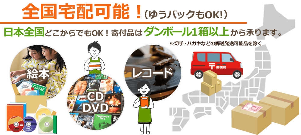全国宅配可能（ゆうパックもOK!）日本全国どこからでもOK!寄付品はダンボール1箱以上から承ります。（切手・ハガキなどの郵送発送可能品を除く）絵本、CD・DVD、レコード。